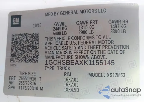 2019 Chevrolet Colorado Wt z USA, uszkodzony, nr VIN 1GCHSBEAXK1155145